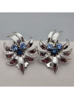 Vintage Silver Tone Blue Accents Rhinestone Clip Earrings Flower Bridal